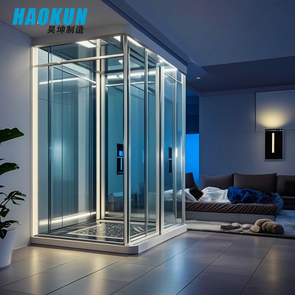 HAOKUN home elevator installed in a customer living room at night