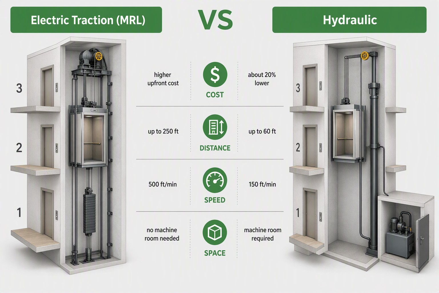 Traction MRL vs hydraulic elevator comparison: cost, travel distance, speed and space