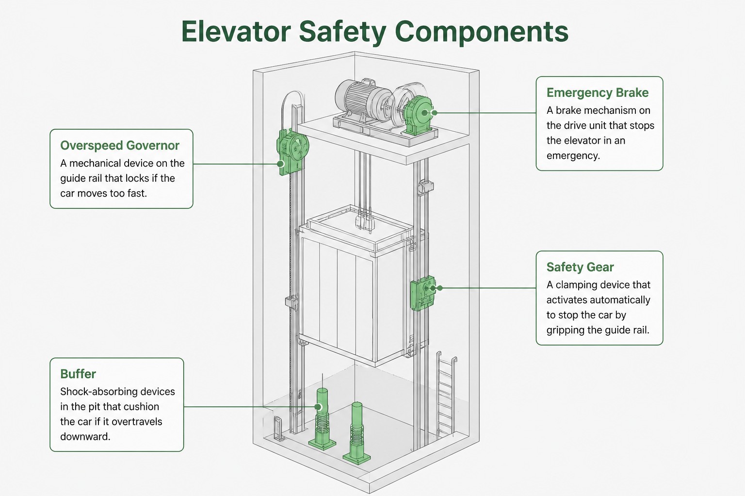 Elevator safety components: overspeed governor, emergency brake, safety gear and buffer