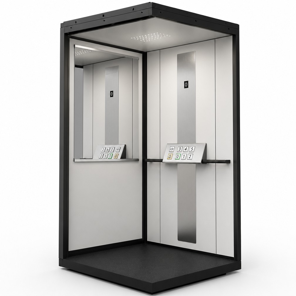 Senior-friendly elevator cabin interior with handrail, large floor buttons and alarm button