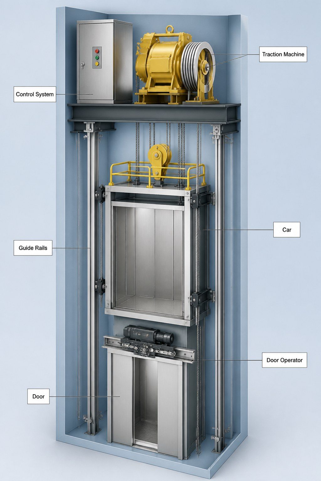 Cutaway profile of a home elevator hoistway showing traction machine inside the shaft
