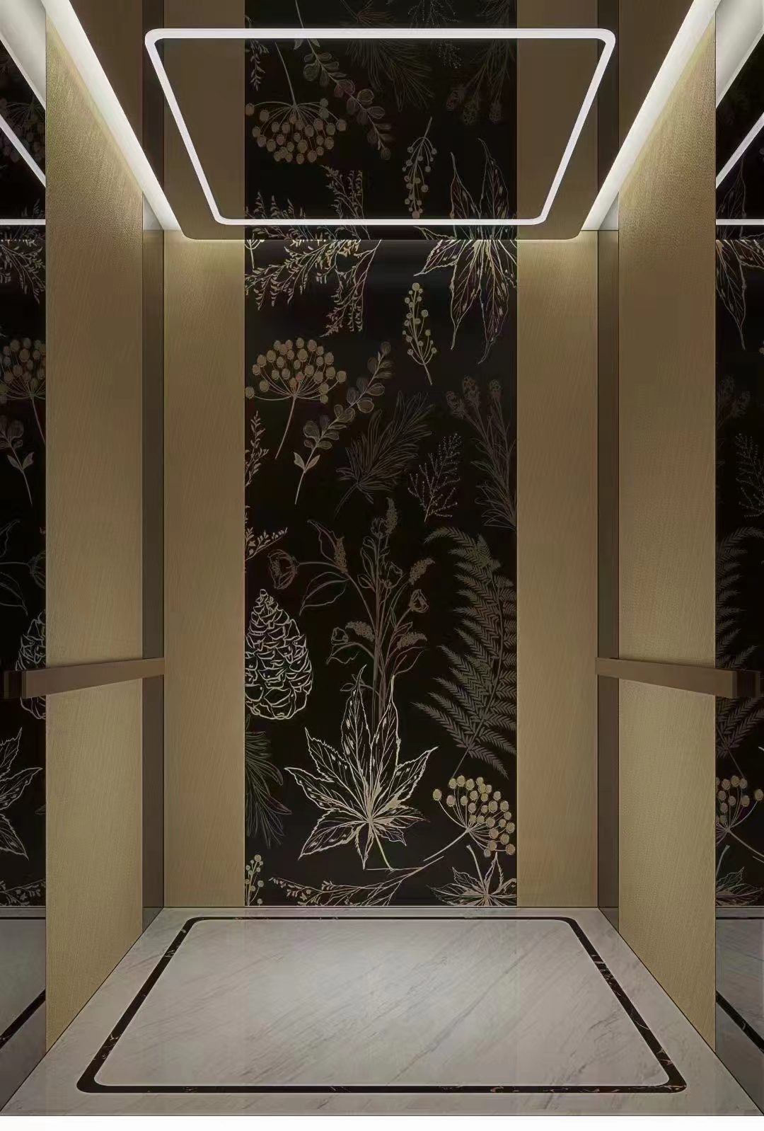 Luxury home elevator cabin interior with marble floor and gold paneling