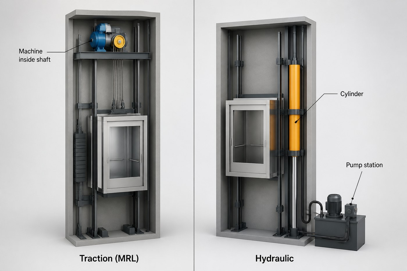 Traction MRL elevator with machine inside shaft compared with hydraulic elevator using a side-mounted cylinder and pump station