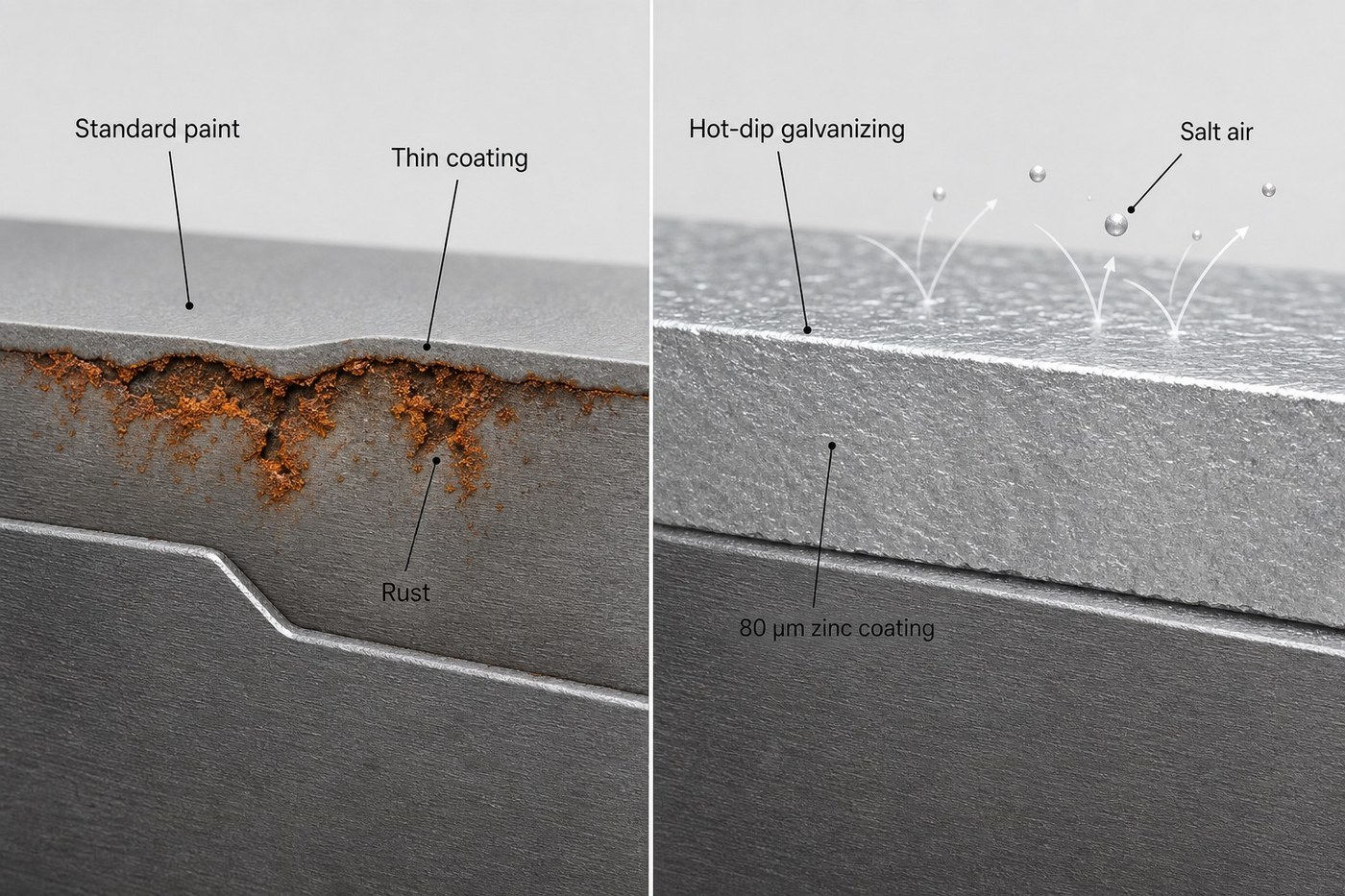 Comparison of standard paint versus hot-dip galvanized 80 micron zinc coating against salt air
