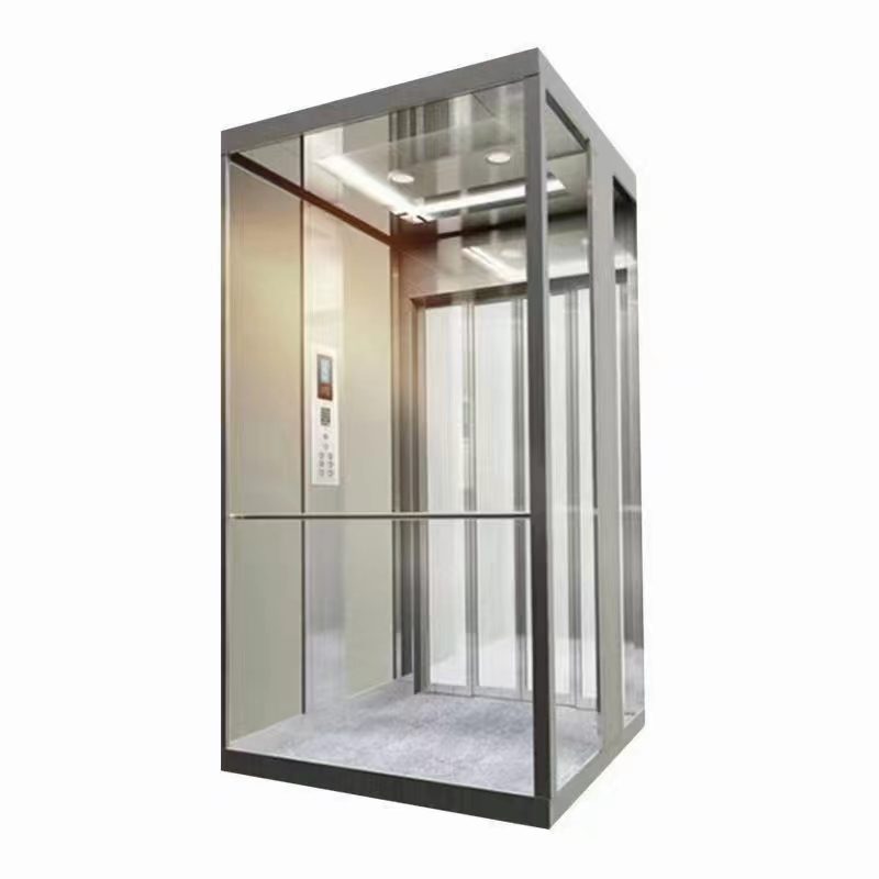 Home elevator cabin interior with handrail and automatic glass doors